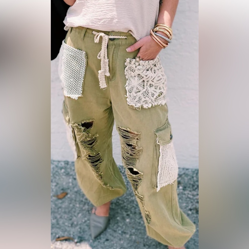 Pol Green Distressed Patchwork Joggers - image 1
